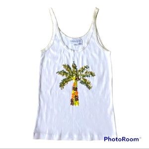 Tamara Catz Vintage 90s White Tank Top With Sequin Palm Tree Size - Small